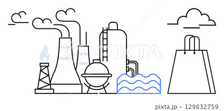 Industrial complex with smoke emitting chimneys, oil rig, storage tanks, and wavy lines symbolizing water next to a shopping bag under clouds. Ideal for business, commerce, industry, environmental 129832759
