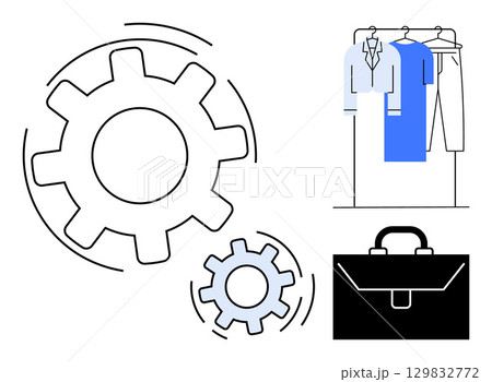 Mesh gears in motion, formal shirts and trousers on hangers, and a briefcase. Ideal for business attire, professionalism, work efficiency, project management, organizational skills, career growth Mesh gears in motion, formal shirts and trousers on hangers, and a briefcase. Ideal for business attire, professionalism, work efficiency, project management, organizational skills, career growth 129832772