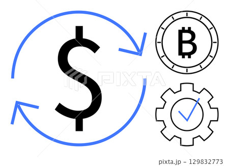 Dollar sign with exchange arrows, Bitcoin symbol, and gear with check mark. Ideal for finance, cryptocurrency, investment, technology, blockchain, business planning, consultancy. Line metaphor 129832773