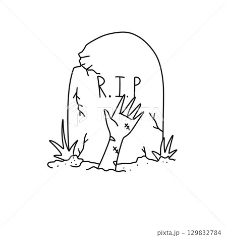A hand is reaching out of a grave marker that says RIP 129832784