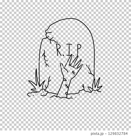 A hand is reaching out of a grave marker that says RIP 129832784