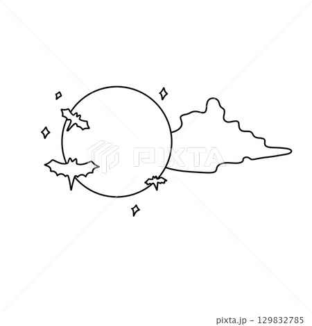 A black and white drawing of a moon with bats flying around it 129832785