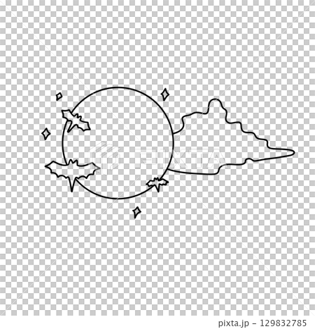 A black and white drawing of a moon with bats flying around it 129832785
