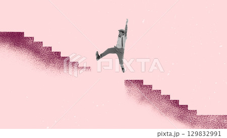 Colorful poster. Businessman jumping gap between staircases facing career challenges with courage 129832991