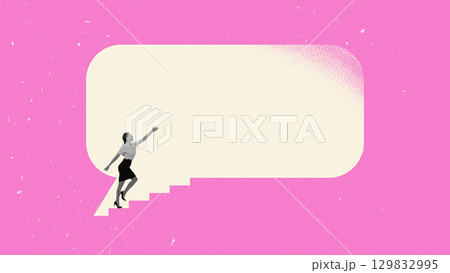 Collage of businesswoman climbing speech bubble staircase reaching upward communication growth Collage of businesswoman climbing speech bubble staircase reaching upward communication growth 129832995