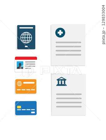 Document Icons of passports, identity cards, credit cards and documents with medical and legal symbols, arranged on a white background. 129833004