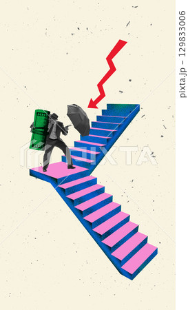 Creative collage. Businessman with umbrella holding money climbing stairs under red crisis arrow Creative collage. Businessman with umbrella holding money climbing stairs under red crisis arrow 129833006