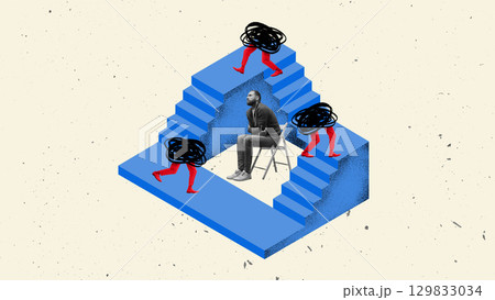 Collage of man sitting on chair surrounded by chaotic figures on surreal blue staircase Collage of man sitting on chair surrounded by chaotic figures on surreal blue staircase 129833034