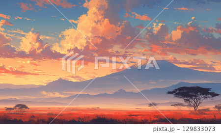 雄大な自然：夕焼けに染まるキリマンジャロとサバンナ 129833073