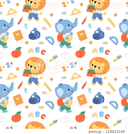 Animals back to school seamless pattern. Kids fauna characters, little students, books, backpacks and notepads. Textile, wrapping paper, wallpaper. Print for fabric garish vector background 129833189