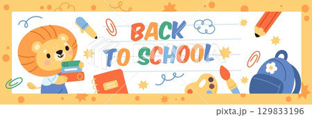 Back to school banner. Funny little lion student with books stack, educational supplies, school year beginning poster, pen pencil and paint tools garish vector cartoon isolated concept Back to school banner. Funny little lion student with books stack, educational supplies, school year beginning poster, pen pencil and paint tools garish vector cartoon isolated concept 129833196