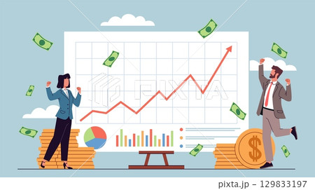Businessmen with graphics. Office staff rejoices at successful project on screen, making profit, statistic growing charts, happy people, cartoon flat style isolated nowaday vector concept 129833197