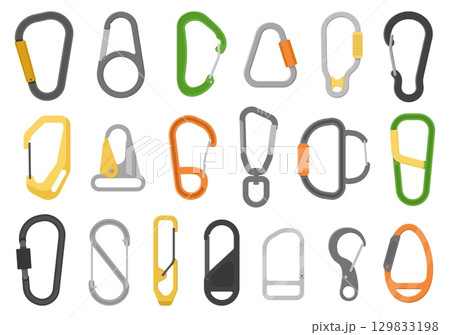 Carabiner clasps. Metal shackles, clips, bouldering accessories, climbing safety elements, mountaineering equipment, extreme sport protection metal connector qualitative vector isolated set 129833198