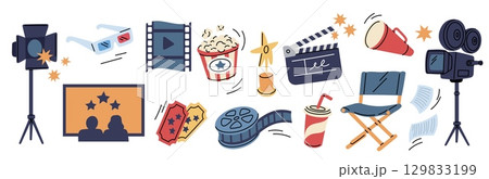 Cartoon cinema element. Movies production items, video camera, spotlight, film, screen, flapper numerator, popcorn and drink, entertainment media art, garish vector isolated cinematography set 129833199