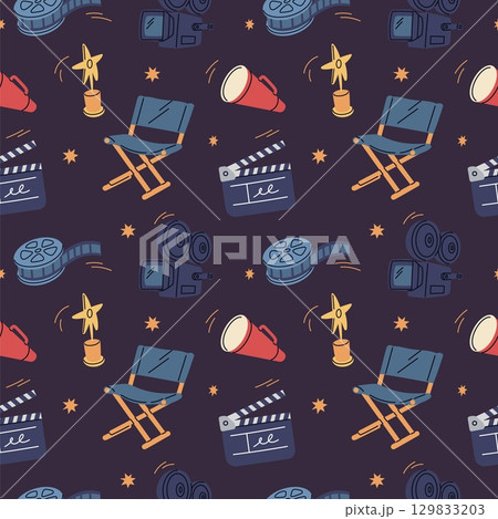 Cinema elements seamless pattern. Filming production, movies objects, clapperboard, camera, award, director chair. Textile, wrapping paper, wallpaper. Print for fabric garish vector background Cinema elements seamless pattern. Filming production, movies objects, clapperboard, camera, award, director chair. Textile, wrapping paper, wallpaper. Print for fabric garish vector background 129833203