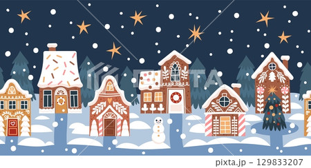 Gingerbread houses street. Cute christmas landscape with funny sweet glazed cookies, new year night city, home biscuits, xmas background cartoon flat style isolated tidy vector concept 129833207