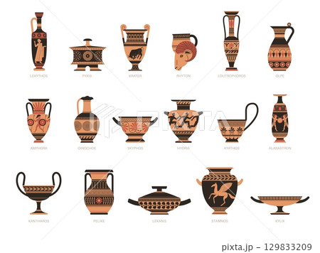Historical greek pottery. Traditional mediterranean ceramics, ancient ornaments, mythology scenes, clay products, old amphorae and vases. Archaeological crockery tidy vector flat isolated set 129833209