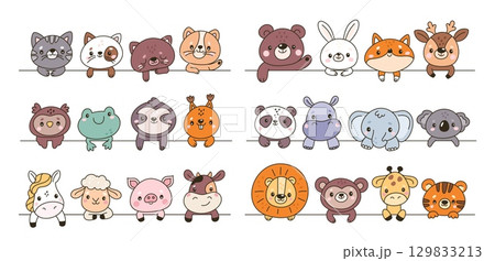 Peeking cute animals. Funny little cartoon characters, fauna mascots behind line, cats, deer, kawaii panda, lion and elephant happy faces, cartoon flat style isolated garish vector set Peeking cute animals. Funny little cartoon characters, fauna mascots behind line, cats, deer, kawaii panda, lion and elephant happy faces, cartoon flat style isolated garish vector set 129833213