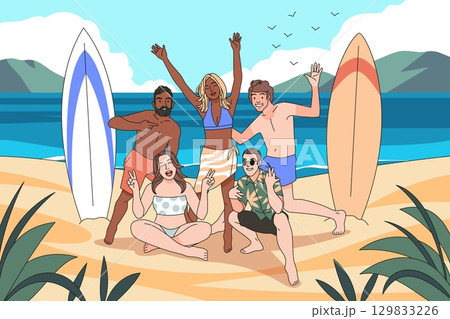 People posing beach. Happy friends group having fun, men and women with sups at sea, surfing on shore, summer vacation on ocean tropical resort, cartoon flat style tidy vector concept 129833226