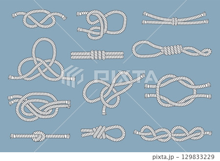 Rope knots and loops. Nautical nodes, navy cordage elements, decorative marine design, different types sea hitches. Decorative and functional cords and cable splendid vector isolated set 129833229