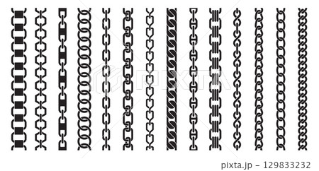 Silhouette chains. Different weaving black seamless borders, decorative jewelry for pendants, recurring metal segments, Elegant precious black necklaces nowaday vector isolated flat set Silhouette chains. Different weaving black seamless borders, decorative jewelry for pendants, recurring metal segments, Elegant precious black necklaces nowaday vector isolated flat set 129833232