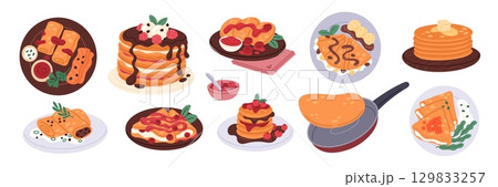 Tasty pancakes. Hot morning food, sweet and salty toppings, caramel syrup, honey and chocolate, different filling, pan fried breakfast on plate and pan, cartoon isolated garish vector set Tasty pancakes. Hot morning food, sweet and salty toppings, caramel syrup, honey and chocolate, different filling, pan fried breakfast on plate and pan, cartoon isolated garish vector set 129833257
