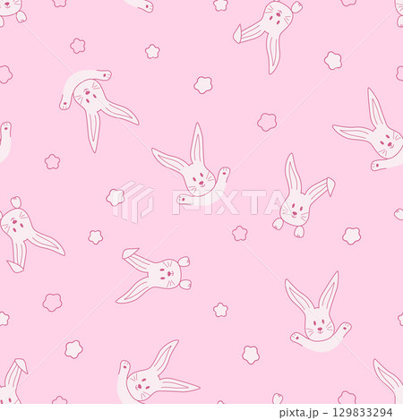 Seamless pattern of cute bunnies. Vector illustration of cartoon animals. Background for kids wear, nursery 129833294