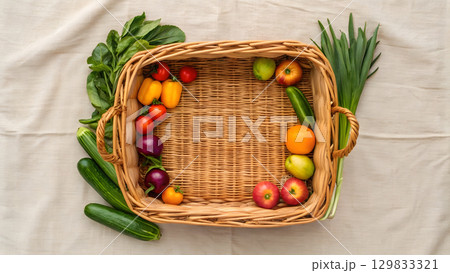 Fresh fruits and vegetables arranged in a wicker basket on a light fabric background 129833321