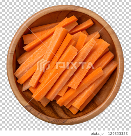 Fresh carrot sticks in rustic wooden bowl, healthy snack isolated on transparent background, healthy lifestyle and nutrition concept Fresh carrot sticks in rustic wooden bowl, healthy snack isolated on transparent background, healthy lifestyle and nutrition concept 129833328