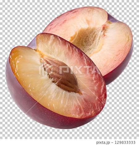 Sliced plum revealing dark red flesh and single seed, juicy fruit cross-section isolated on transparent background 129833333
