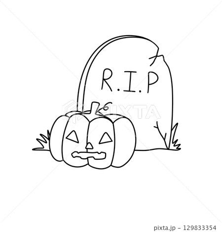 A pumpkin and a gravestone with the word RIP on it 129833354
