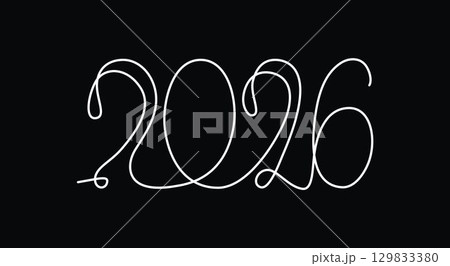 2026 sign - decoration continuous line hand drawing sign for year calendar. Vector stock illustration minimalism design isolated on black chalkboard background. Editable stroke single line. EPS10 129833380