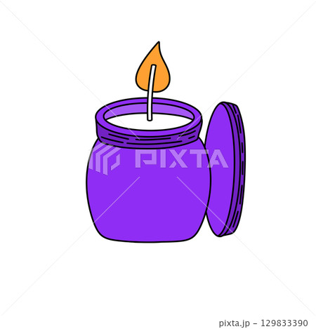 A purple jar with a candle inside and a lid on top A purple jar with a candle inside and a lid on top 129833390