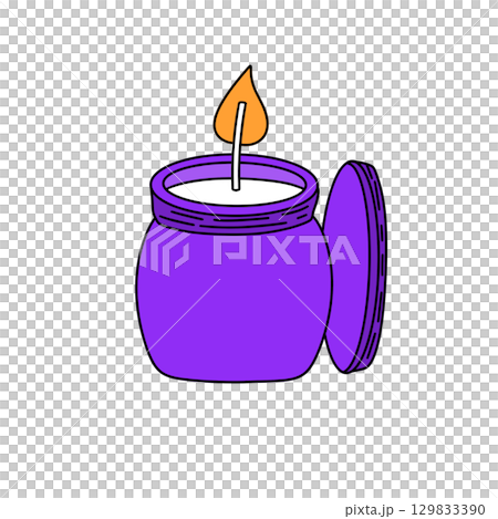 A purple jar with a candle inside and a lid on top A purple jar with a candle inside and a lid on top 129833390