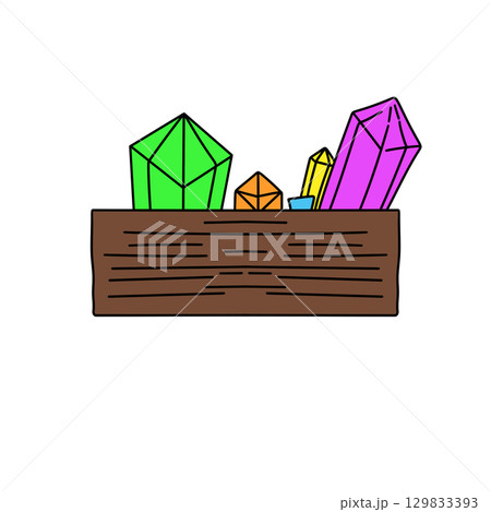 A wooden box with a bunch of colorful gems inside 129833393