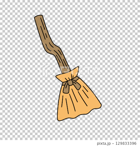 A cartoonish broomstick with a yellow cloth on it A cartoonish broomstick with a yellow cloth on it 129833396