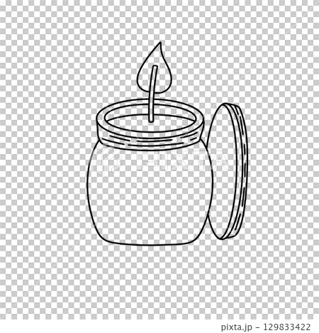 A jar with a candle inside and a leaf on top 129833422