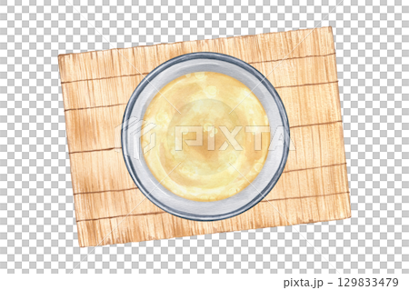 Aromatic hot broth in plate standing on bamboo mat watercolor illustration on isolated background. Bone broth made from chicken, beef or pork. Homemade meat bouillon in bowl, healthy food for menu 129833479