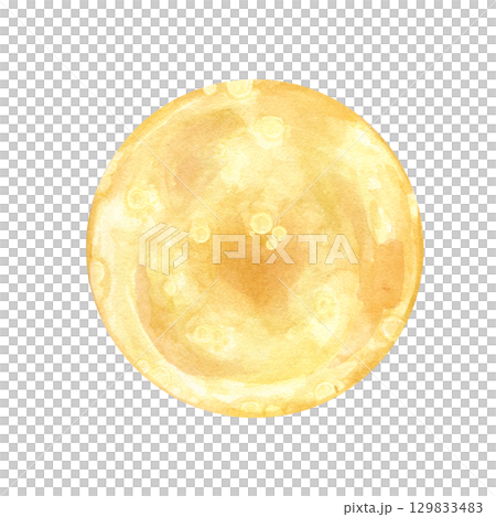 Yellow golden hand painted watercolor round texture like full moon, sun, planet or broth on isolated background. Abstract backdrop, decorative element for Halloween holiday, cooking design, for text. 129833483