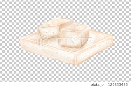 Raw tofu or feta cheese watercolor illustration on isolated background. White mold cheese, Greek fitaki, brie or camembert. Asian food, Mediterranean cuisine. For vegan food packaging, cookbooks. 129833486