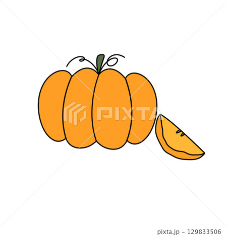 A cartoon drawing of a pumpkin with a slice of orange on top A cartoon drawing of a pumpkin with a slice of orange on top 129833506