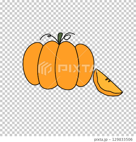 A cartoon drawing of a pumpkin with a slice of orange on top A cartoon drawing of a pumpkin with a slice of orange on top 129833506
