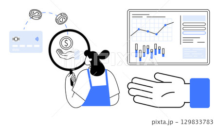 Financial analyst looking at dollar sign through magnifying glass, credit card, coins, graphs. Ideal for financial services, data analysis, business strategy, market research, fintech, economic 129833783