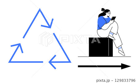 Large blue recycling arrows triangle and seated person reading tablet. Ideal for sustainability, education, technology, innovation, modern lifestyle, environmental awareness, digital learning. Line 129833796