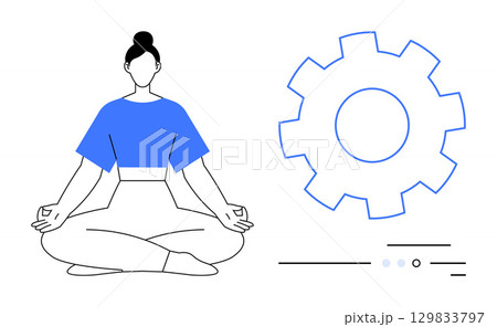 Woman seated cross-legged in a meditative pose next to a large gear icon. Ideal for stress relief, work-life balance, productivity, wellness programs, mindfulness, mental health, corporate wellness 129833797