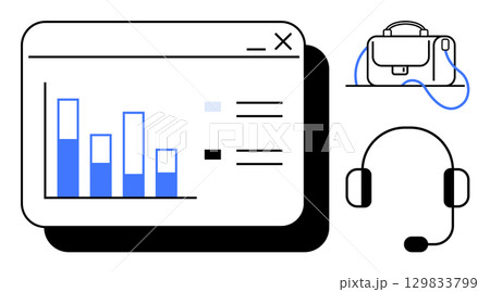 Bar chart on a business webpage, briefcase, and headset. Ideal for business, office, communication, finance, technology, remote work, and productivity themes. Line metaphor 129833799