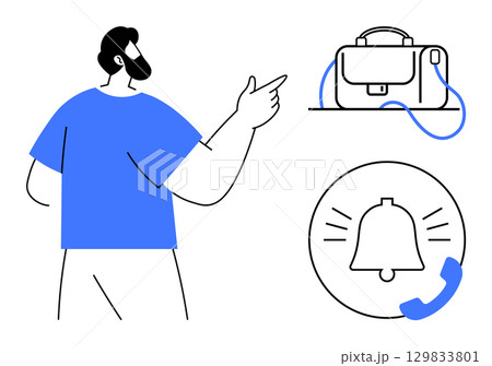 Man points at briefcase and notification symbols indicating business tasks and communication alerts. Ideal for business management, workplace organization, digital communication, task reminders Man points at briefcase and notification symbols indicating business tasks and communication alerts. Ideal for business management, workplace organization, digital communication, task reminders 129833801