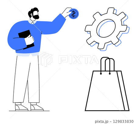Man holding dollar sign coin, gear cog, and shopping bag conveying financial and industrial growth. Ideal for business strategy, investment, economic development, enterprise, retail management 129833830