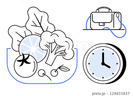Assorted fresh vegetables, briefcase, and clock representing healthy eating, work-life balance, and time management. Ideal for wellness, time management, nutrition, work-life balance, productivity 129833837