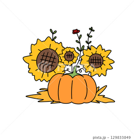 A drawing of a pumpkin with a sunflower and a rose on top 129833849